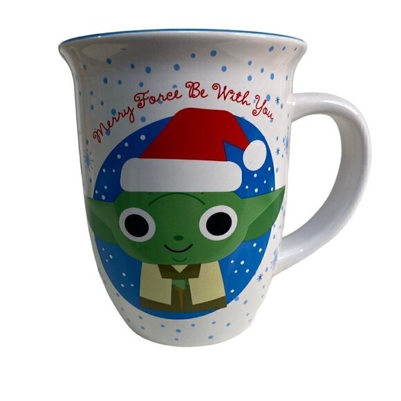Star Wars Mandalorian Grogu Merry Force Be with You Blue Polka dot Christmas Mug - Picture 1 of 5